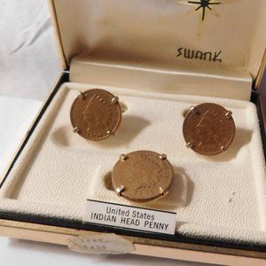 Swank Copper Indian Head Cuff-links and Tie Clip Vintage 1900's with Swank Box